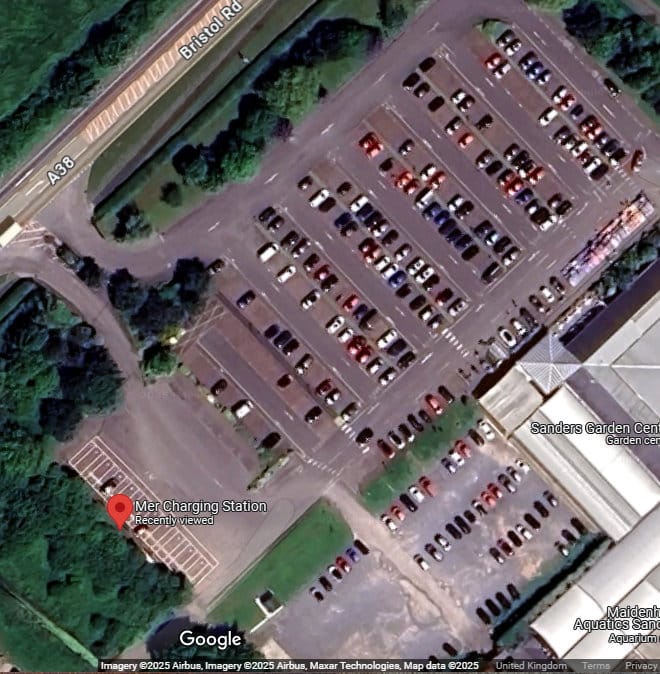 Image of Mer Charging Station - Sanders Garden Ctr car park, courtesy of Google Maps.